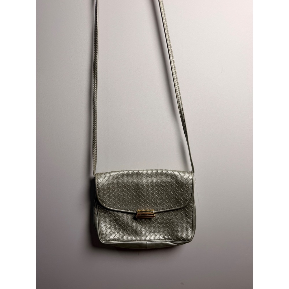 Ganson Crossbody Bag‎ Women Small Champagne Silver Excellent Woven Metallic Gold